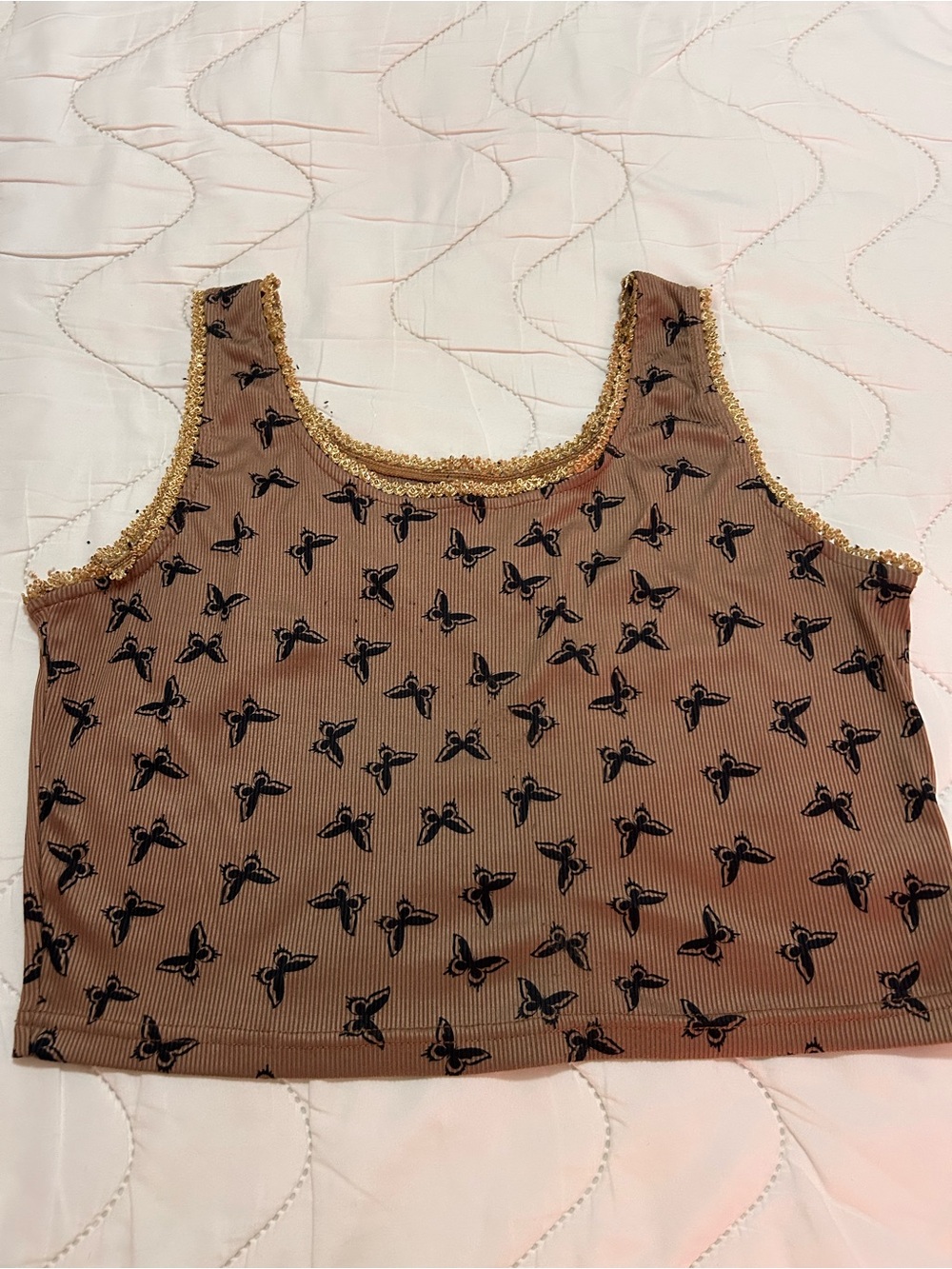 ROMWE Brown Butterfly Crop Tank with Gold Trim